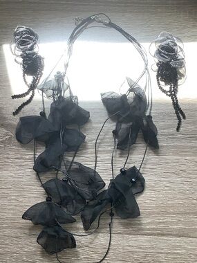Black Floral Organza Necklace and Earrings Set